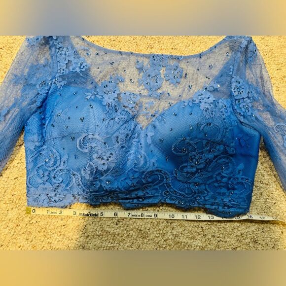 Sherri Hill Blue and White Bishop Sleeve Prom Dress - Picture 13 of 15